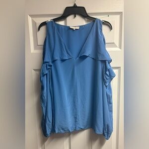 Mika Mindel Blue Designer 100% Silk Cold Shoulder Vienna Blouse Size Large